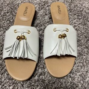 Vaneli White Sandals with Gold Tassels